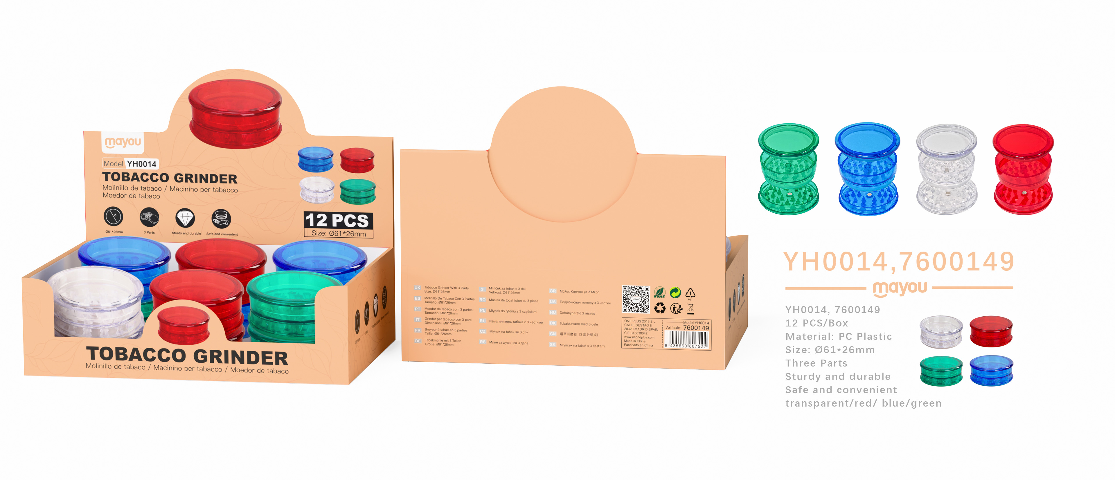 YH0014 Molinillos de tabaco 3 capas,  diametro 61mm  (Se vente Pack 12)