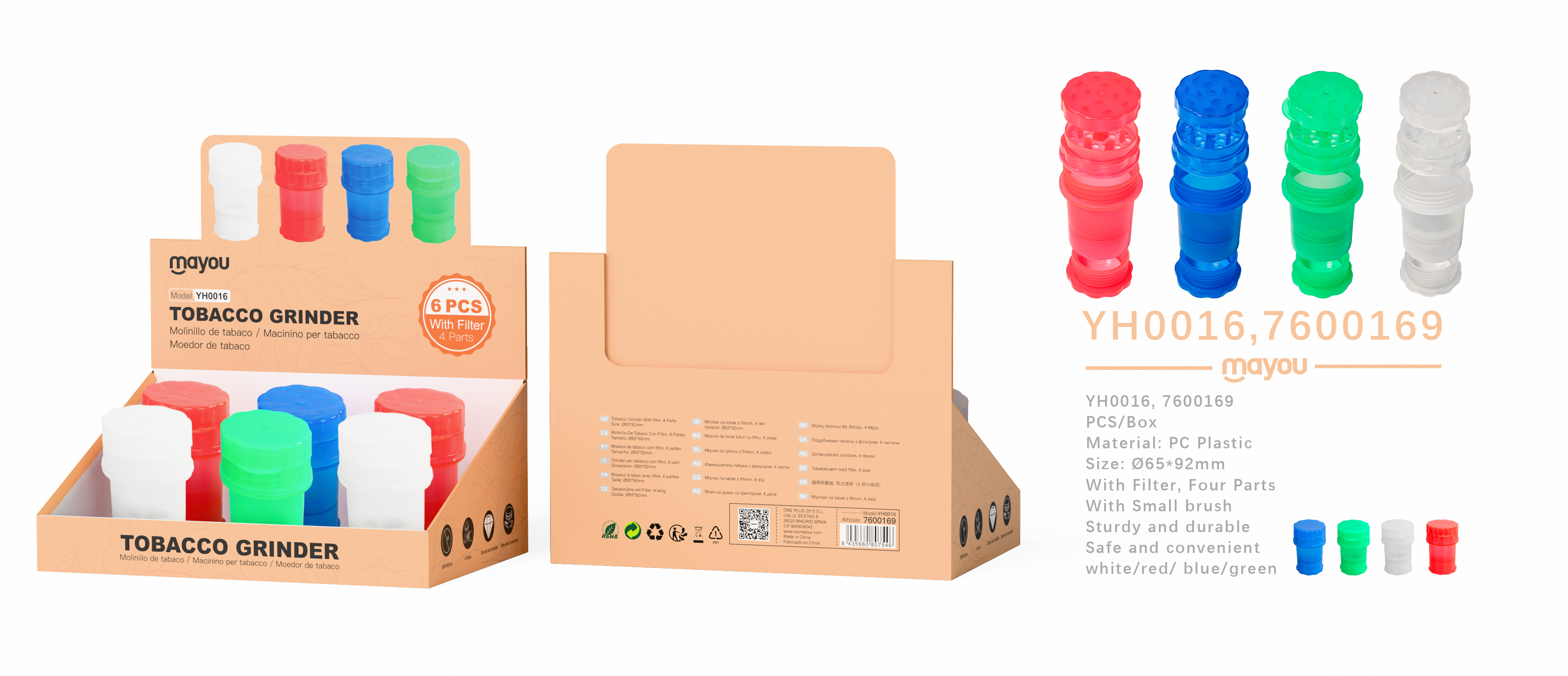 YH0016 Molinillos de tabaco con filtro y 4 capas, diametro 65mm(Se vente Pack 6)