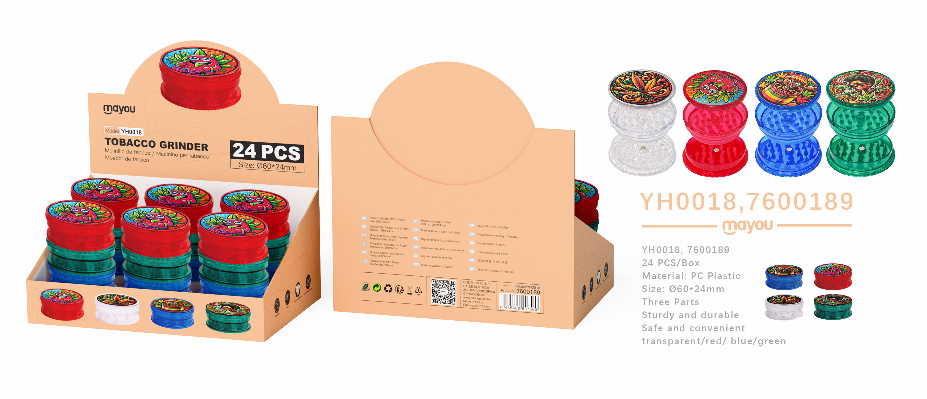 YH0018 Molinillos de tabaco decorados con diseno y 3capas, diametro 60mm(Se vente Pack 24)