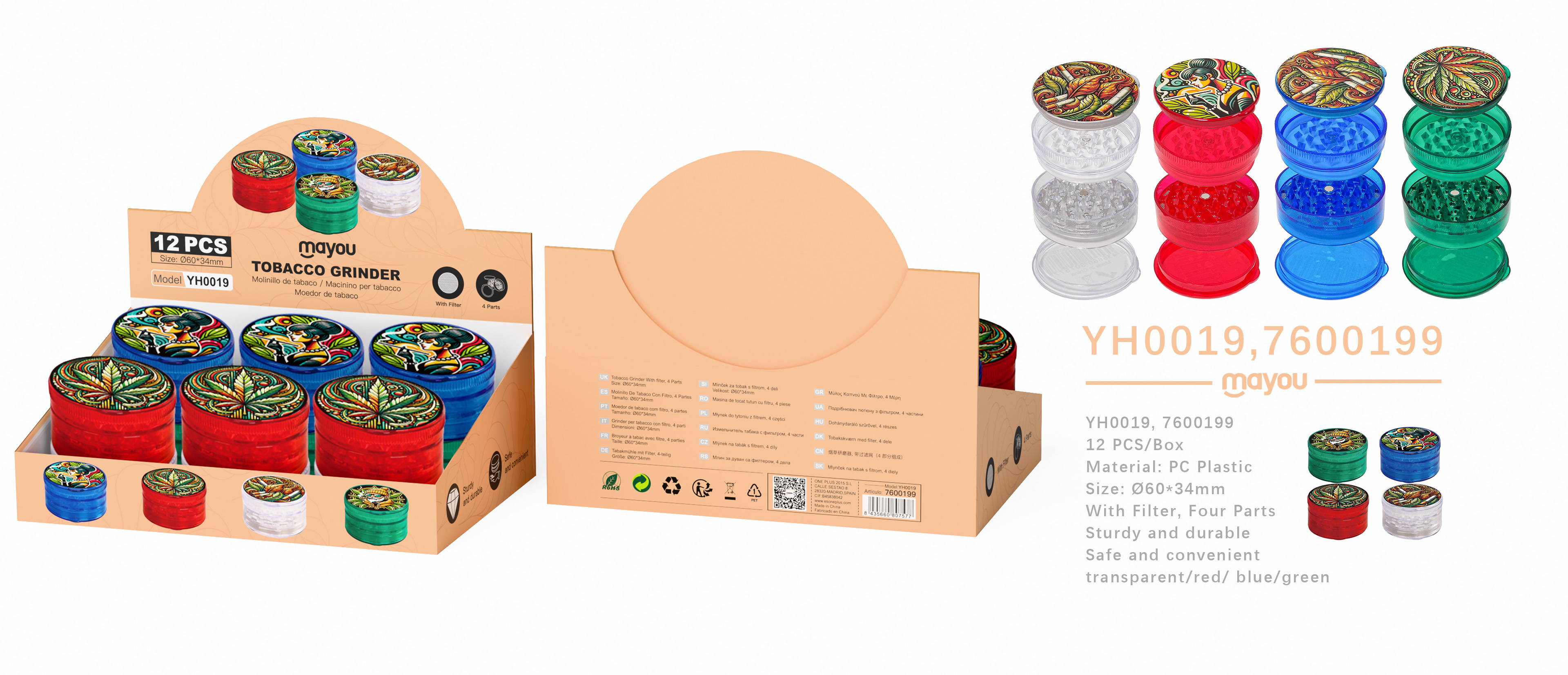 YH0019 Molinillos de tabaco decorados con disenoy 4capas diametro 60mm(Se vente Pack 12)