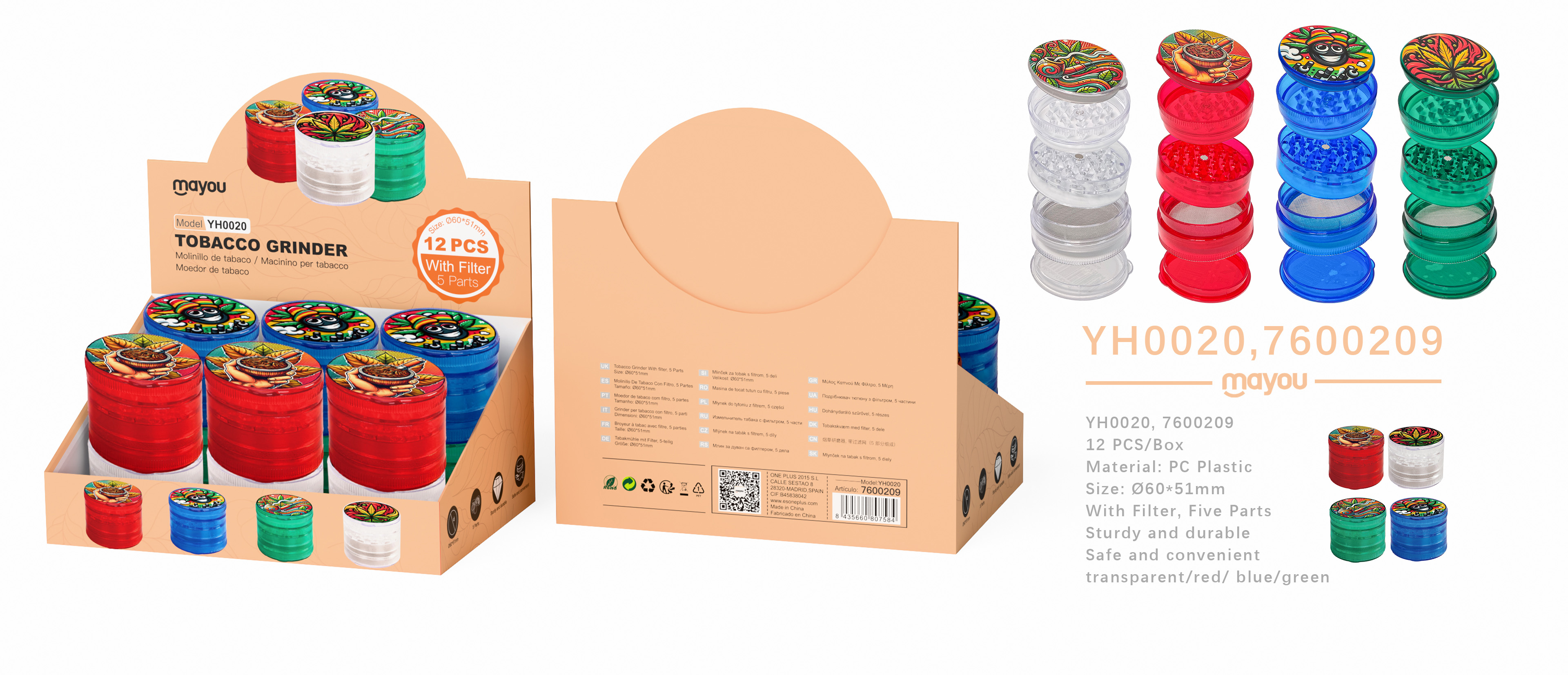 YH0020 Molinillos de tabaco con diseno y filtros 5capas, diametro 60mm(Se vente Pack 12)