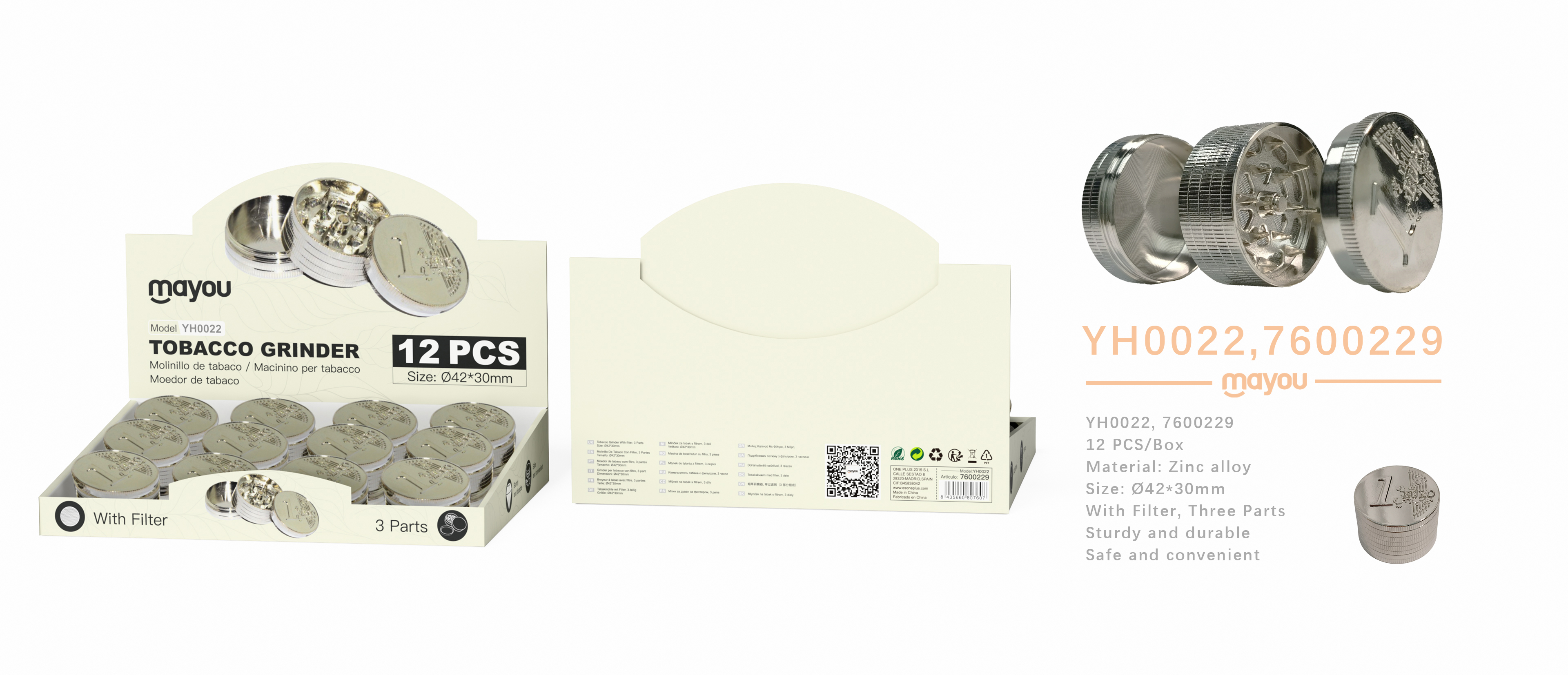YH0022 Molinillos de tabaco metalico con filtros y 3 capas, decorados con diseno de moneda, diametro