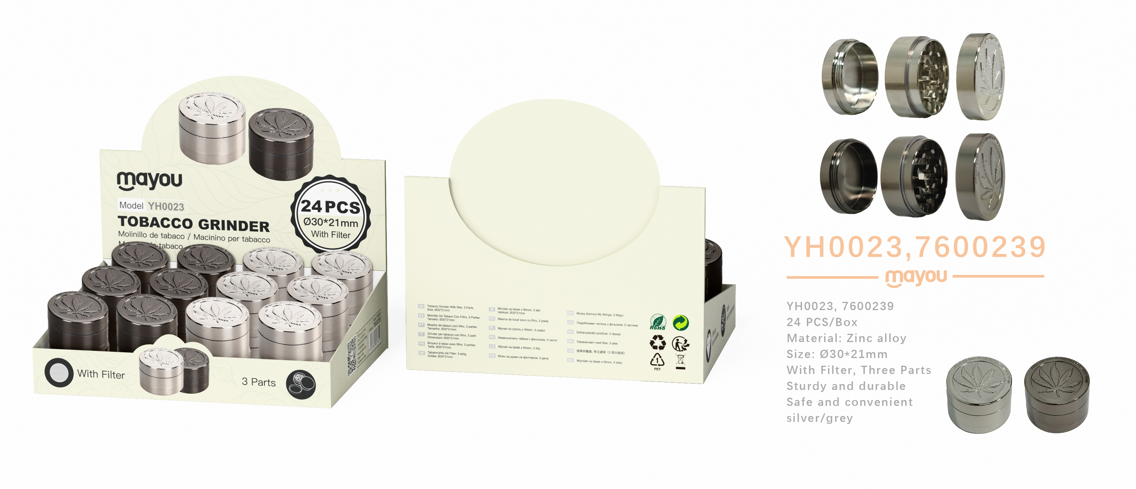 YH0023 Molinillos de tabaco metalico con filtros y 3 capas, decorados con diseno de hierba, diametro