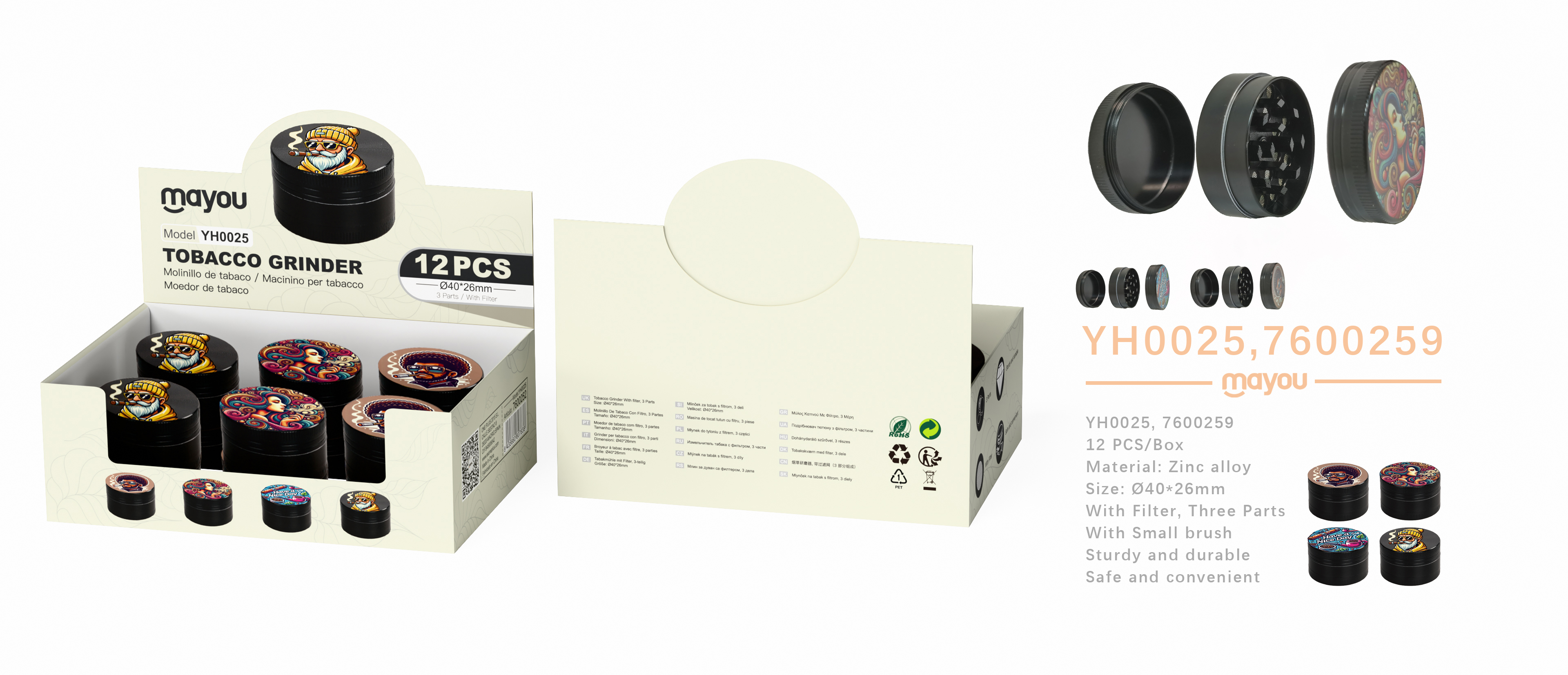 YH0025 Molinillos de tabaco metalico con filtros y 3 capas decorados con, diseno diametro 40mm (Se v