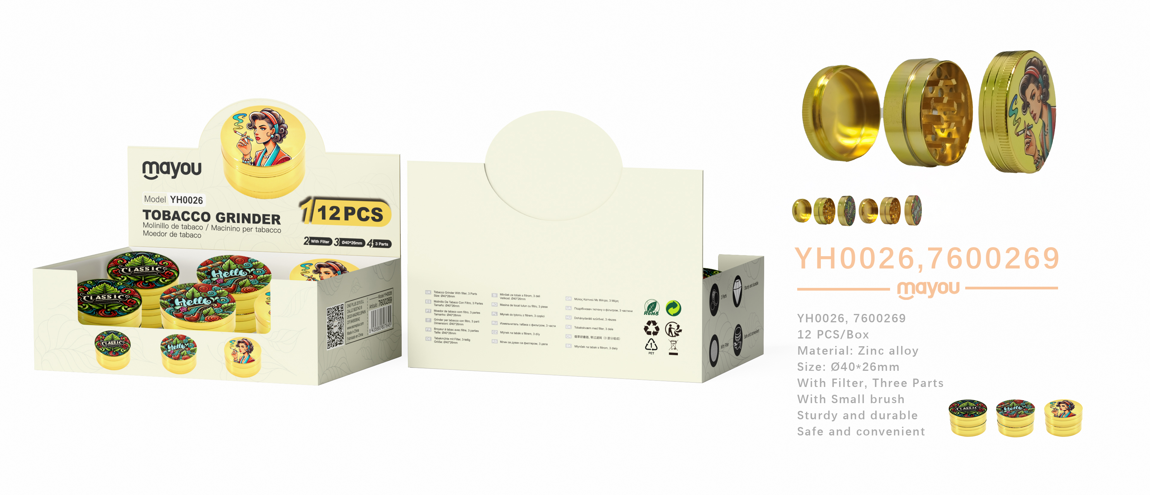 YH0026 Molinillos de tabaco metalico con filtros y 3 capas decorados con diseno diametro 40mm(Se ven