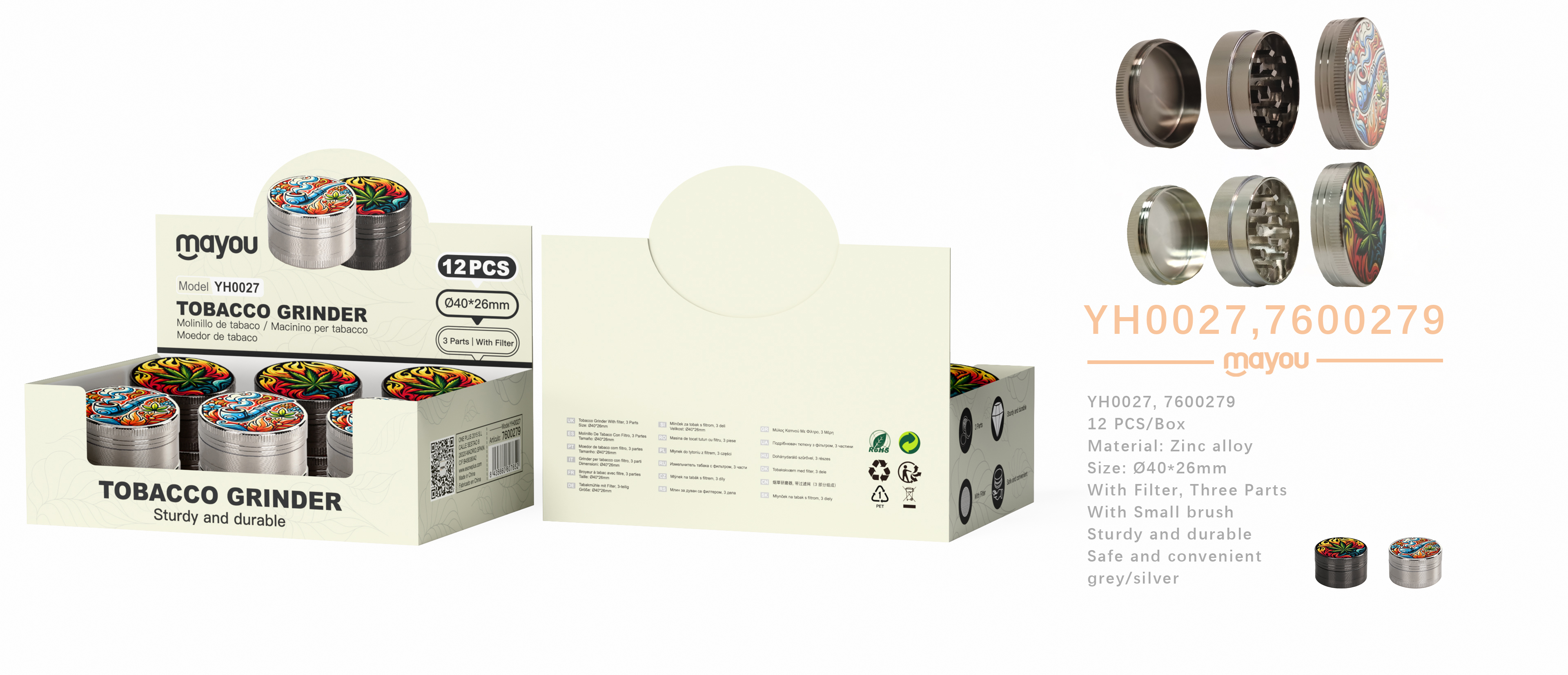 YH0027 Molinillos de tabaco metalico con filtros y 3 capas decorados con diseno diametro 40mm(Se ven