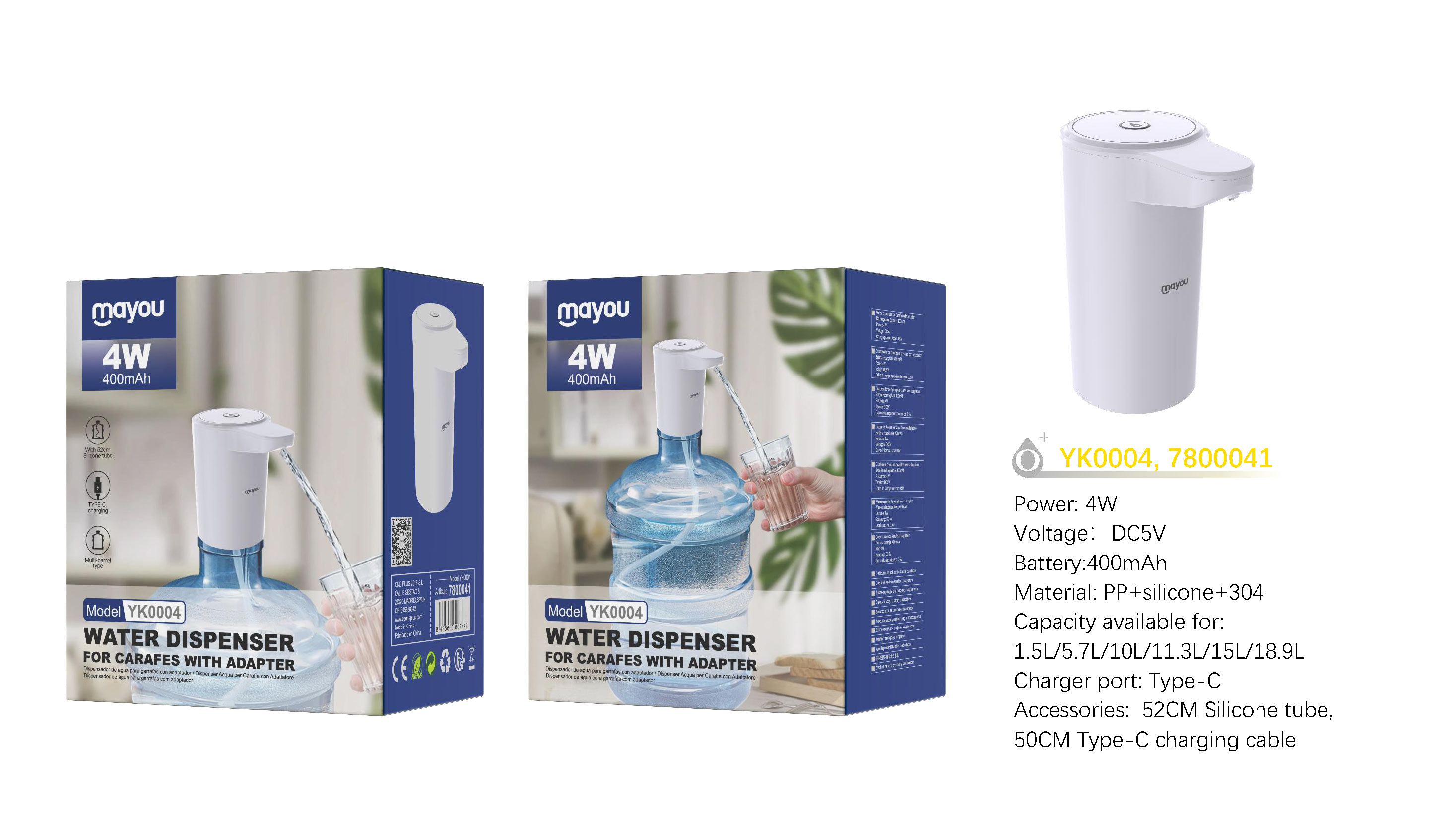 YK0004 BL Dispensador de agua con adaptador, Cable Type-C y Tubo de Silicona 52cm, Bateria 400mAh/4W