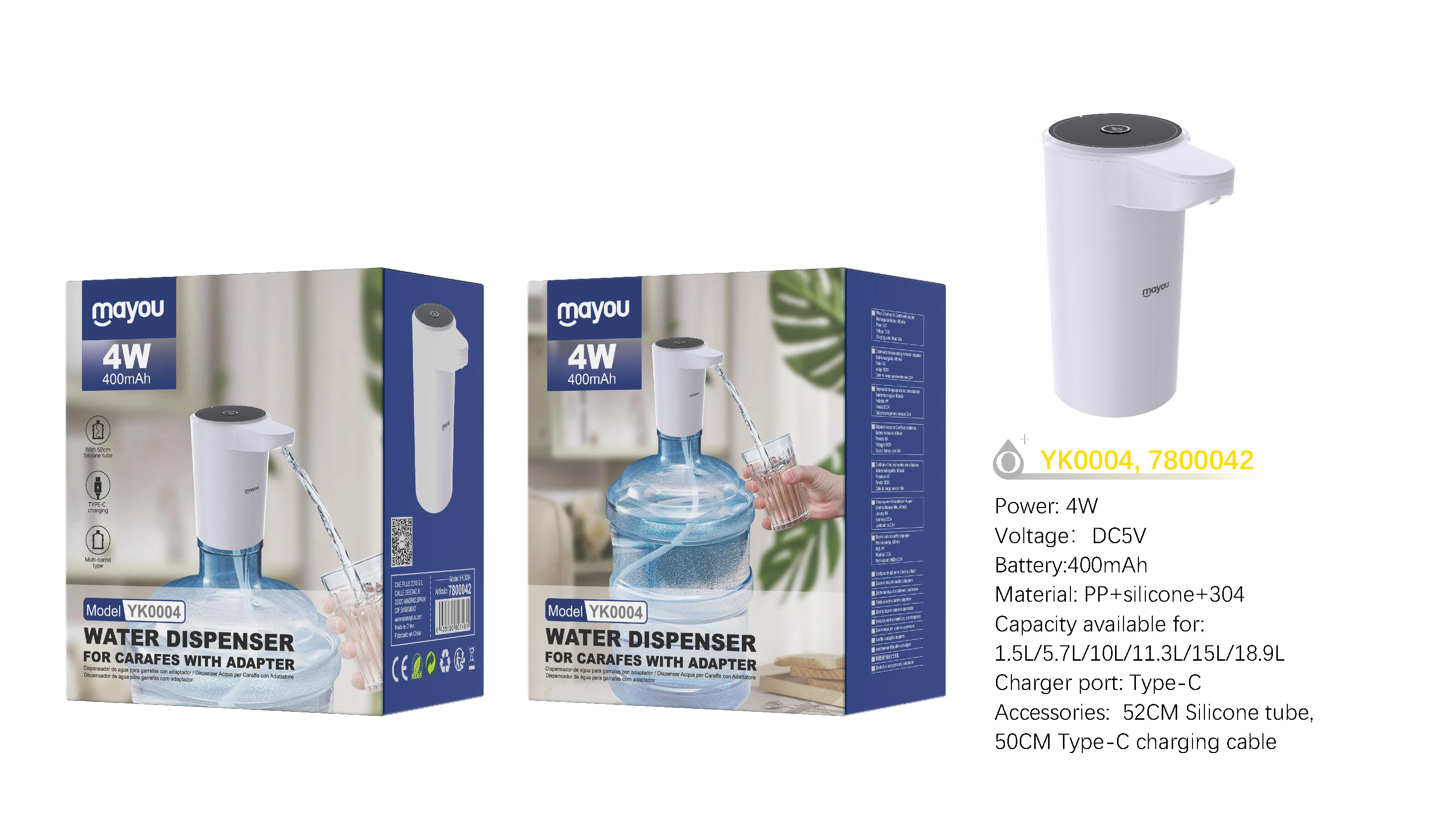 YK0004 NE Dispensador de agua con adaptador, Cable Type-C y Tubo de Silicona 52cm, Bateria 400mAh/4W