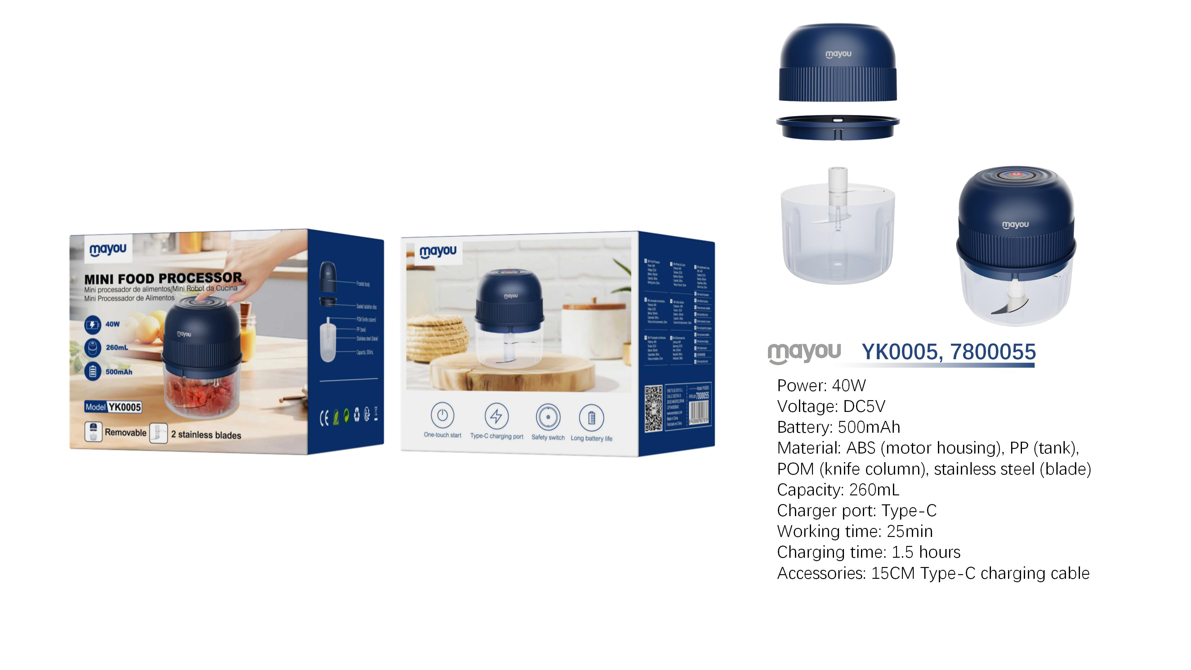YK0005 AZ mini picadora multifuncion con dos cuchillas de acero Inoxidable£¬Bateria recargable 500mAh/40W, Azul