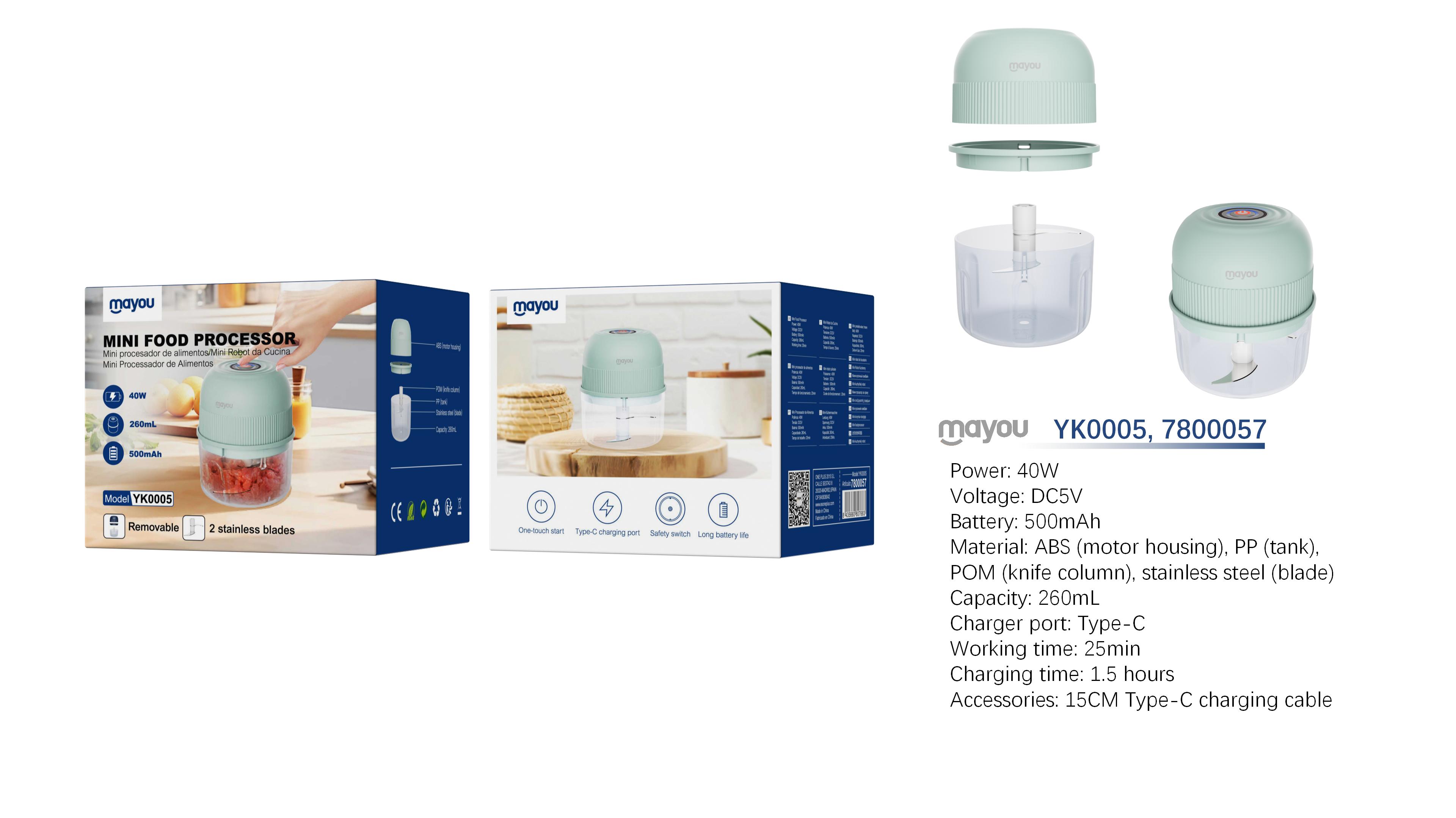 YK0005 VE mini picadora multifuncion con dos cuchillas de acero Inoxidable£¬Bateria recargable 500mAh/40W, Verde