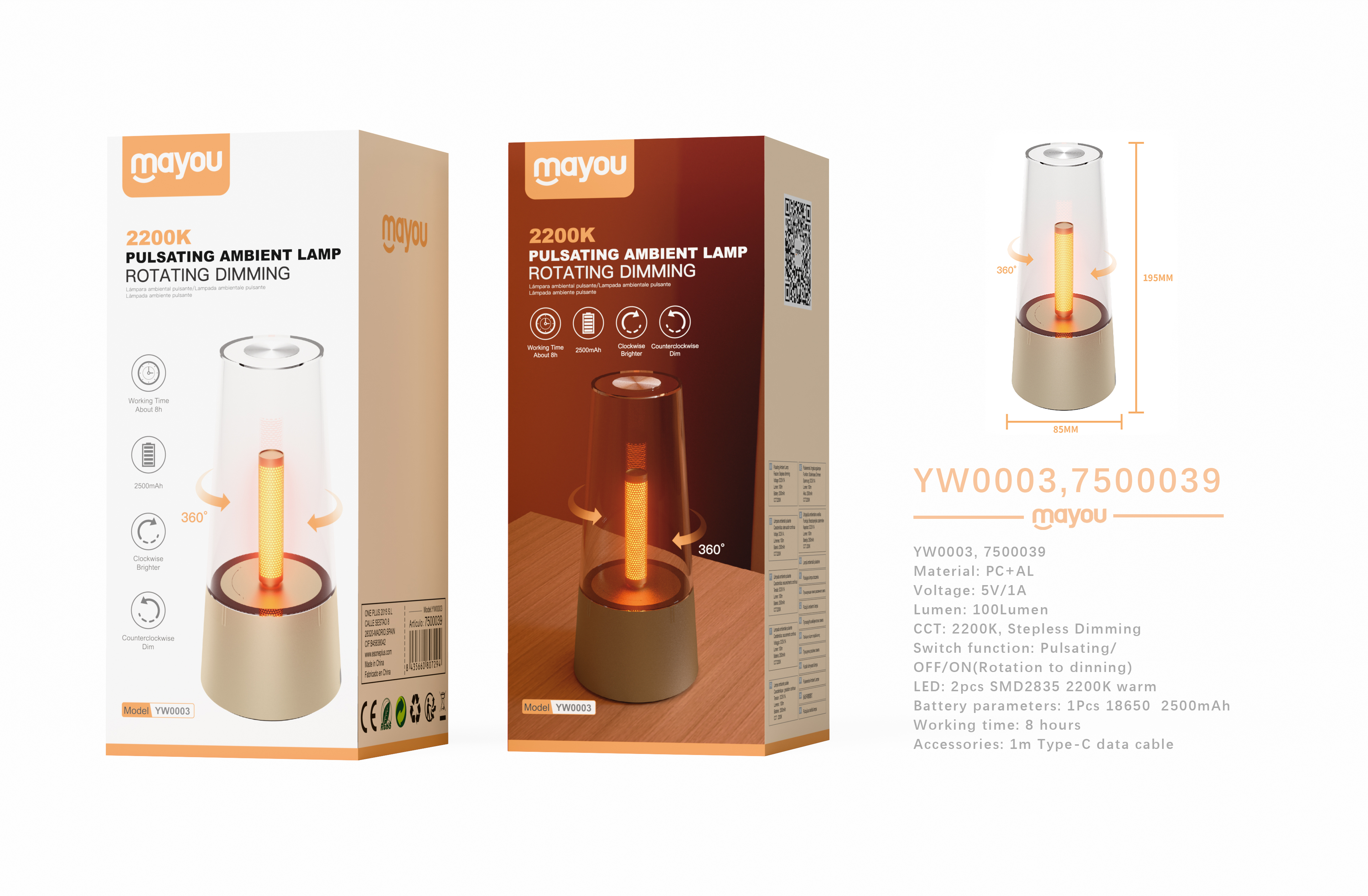 YW0003 Or Lampara de ambliente con rontacion 360¡ã, Luz calida 2200K/100lumen,Bateria 2500mAh, Oro